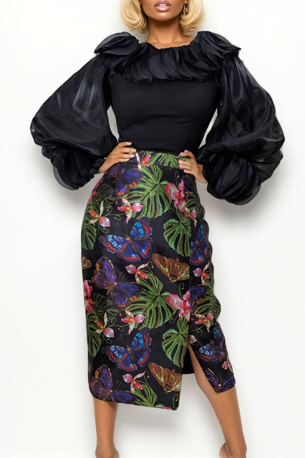 Butterfly Jewel Stone Pencil Skirt