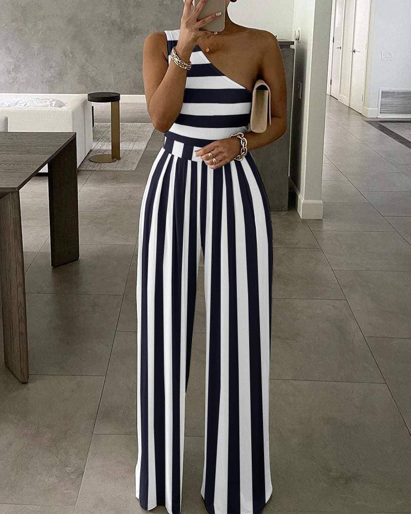 Stripe Me Down One Shoulder Jumpsuit