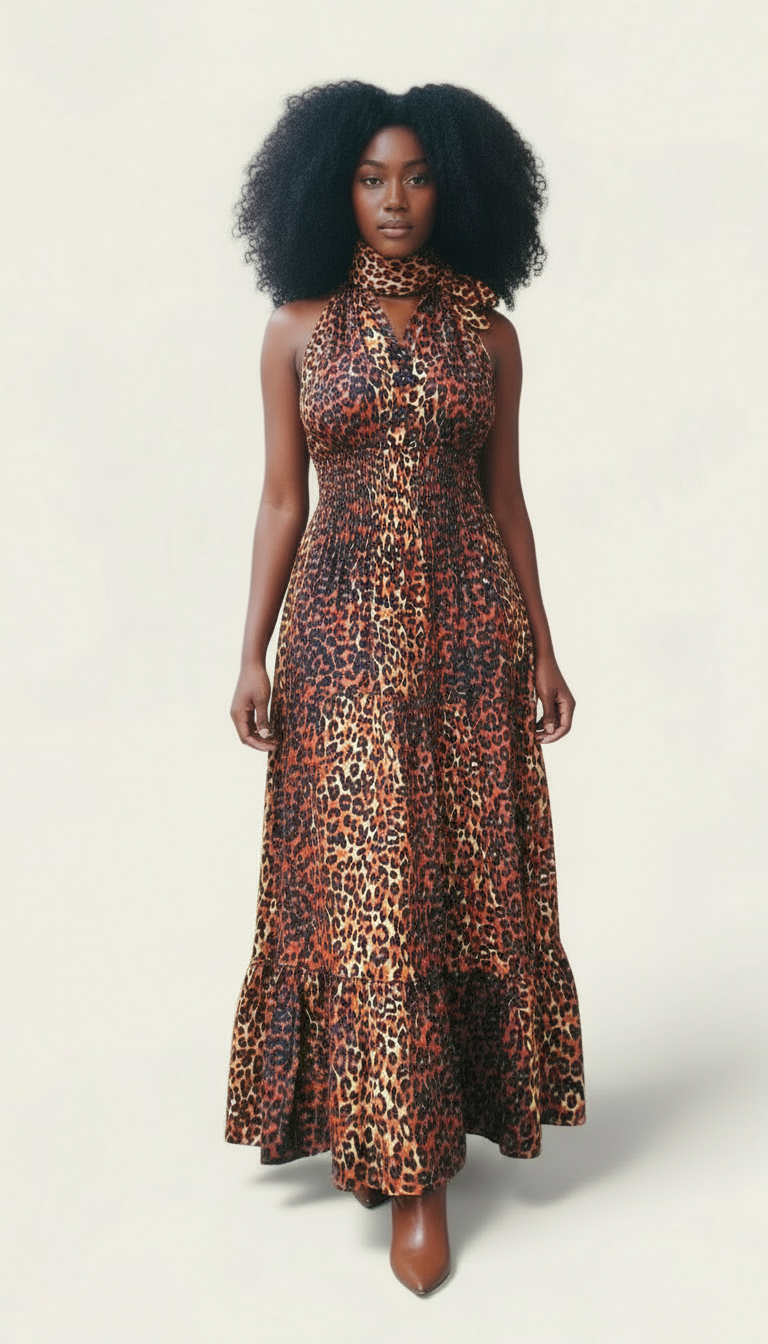 Imani Animal Print Halter Dress With Scarf