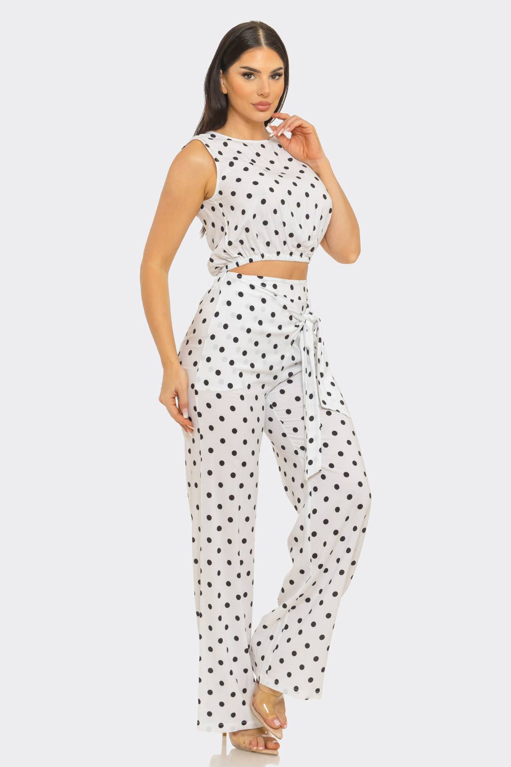 Polka Dots Elastic Shirring Trim Top And Pants Set