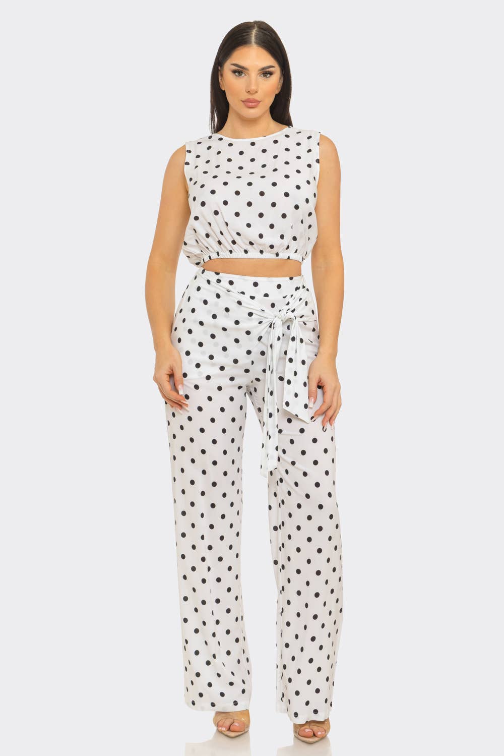 Polka Dots Elastic Shirring Trim Top And Pants Set