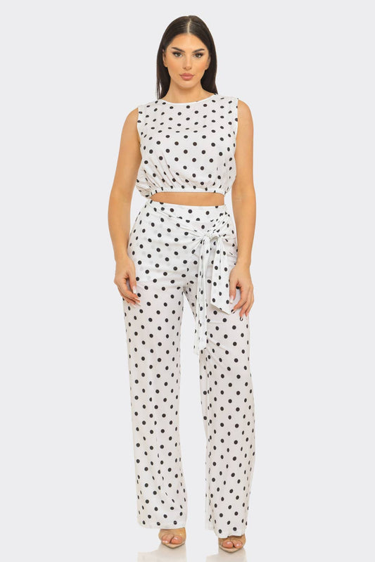 Polka Dots Elastic Shirring Trim Top And Pants Set