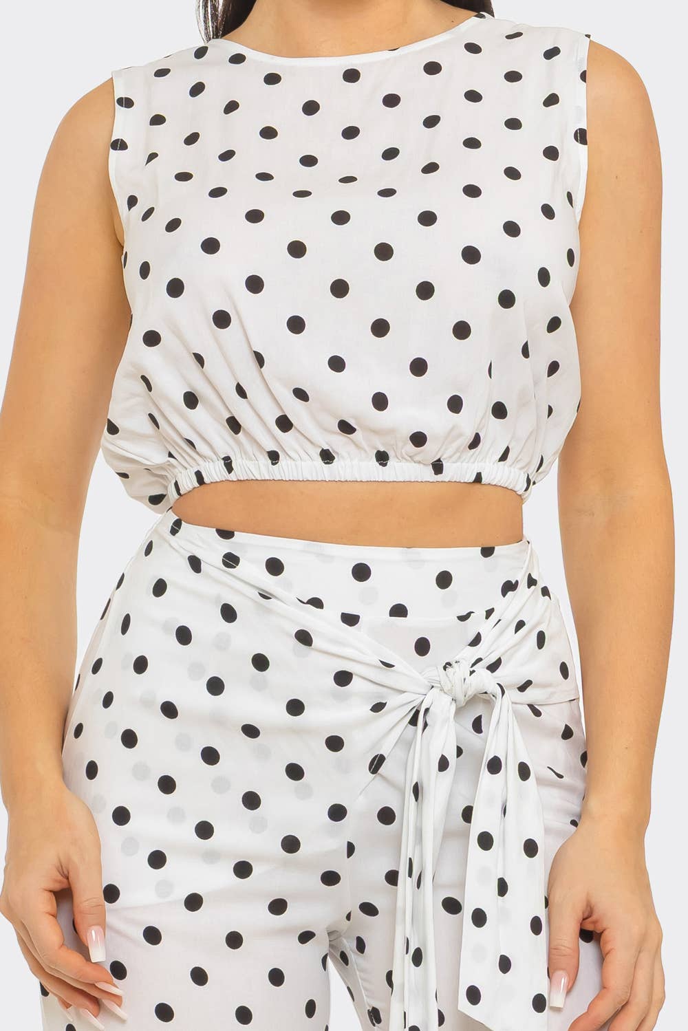 Polka Dots Elastic Shirring Trim Top And Pants Set