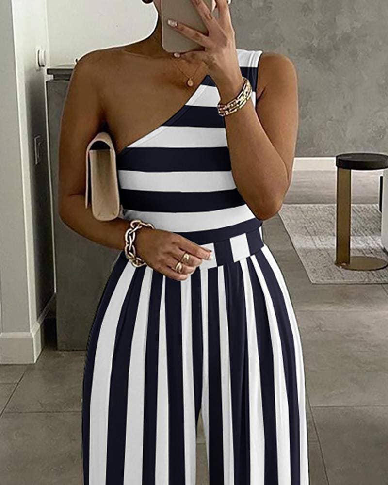 Stripe Me Down One Shoulder Jumpsuit