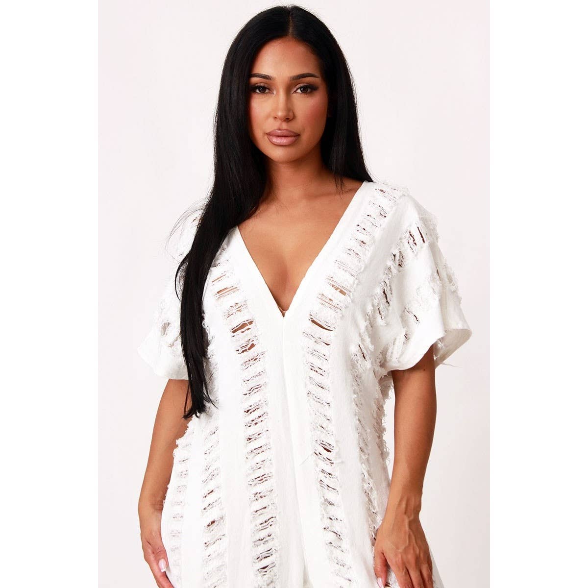 Ripped Baggy Denim V-Neck Jumpsuit