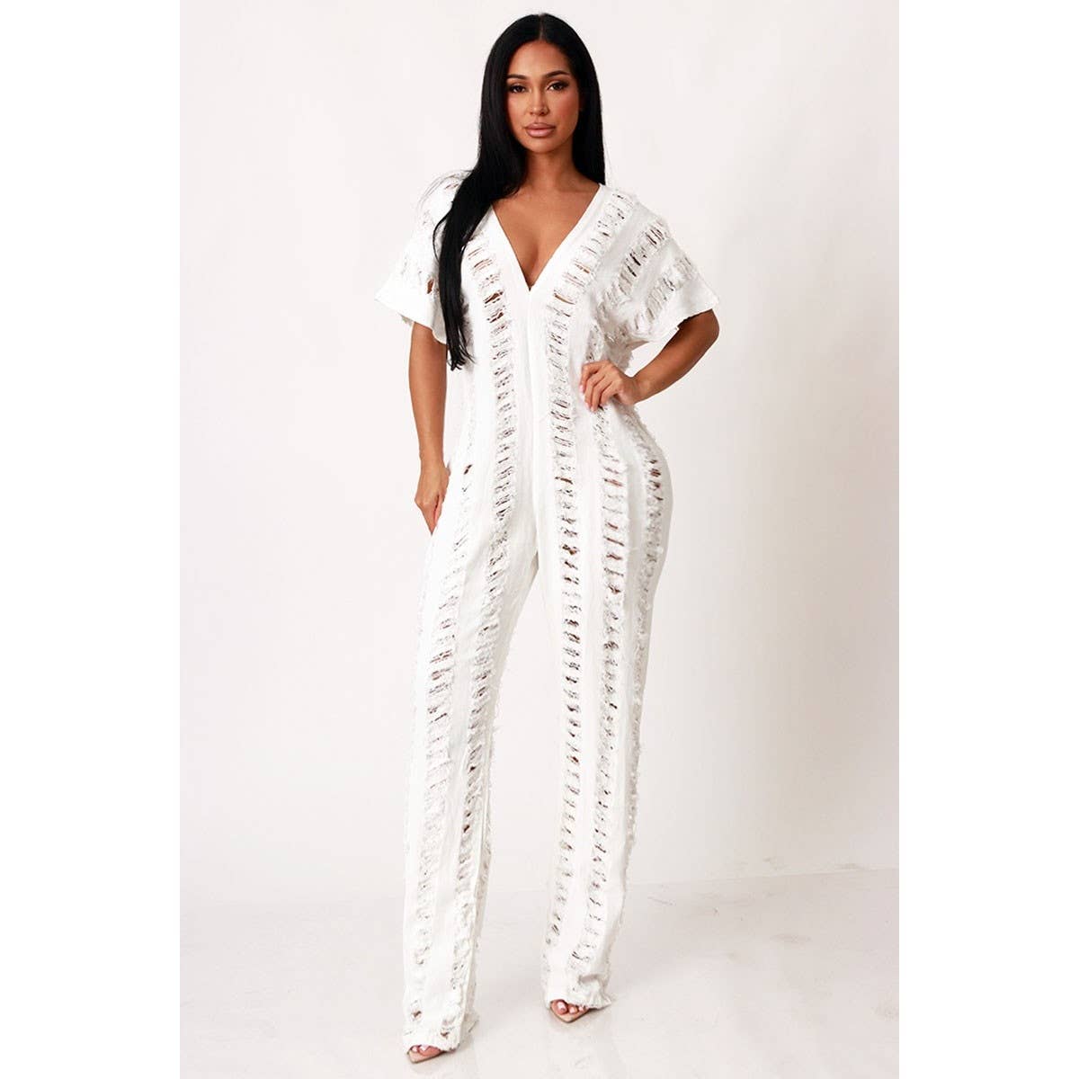 Ripped Baggy Denim V-Neck Jumpsuit