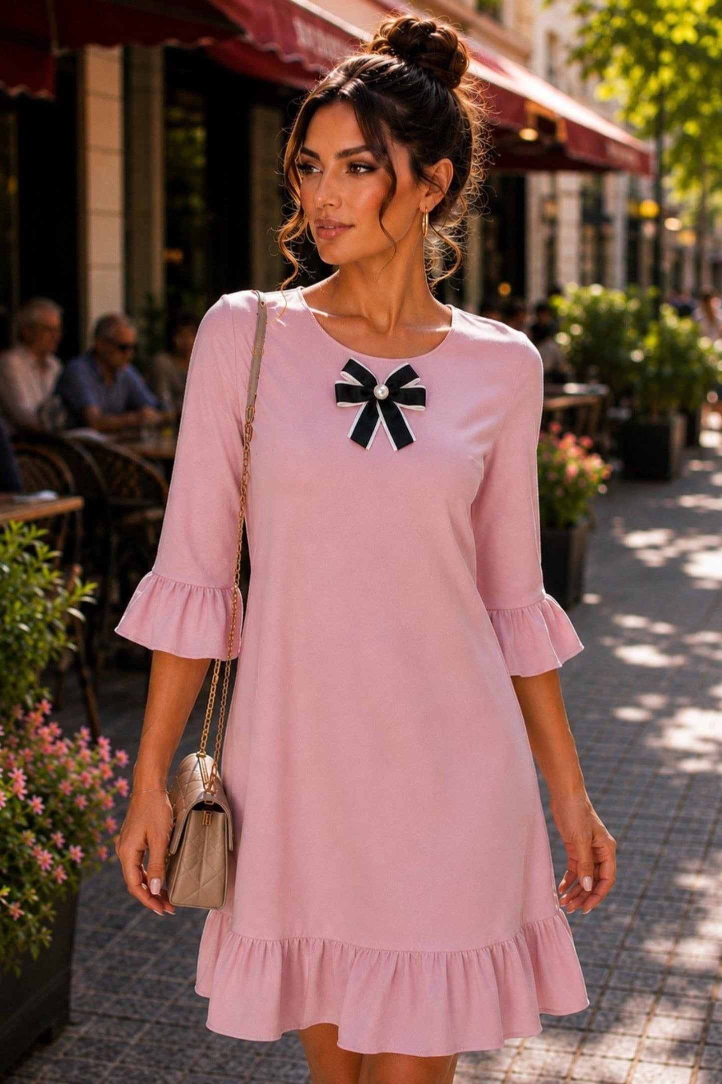 Taylor Bow Accent Ruffle Hem Dress