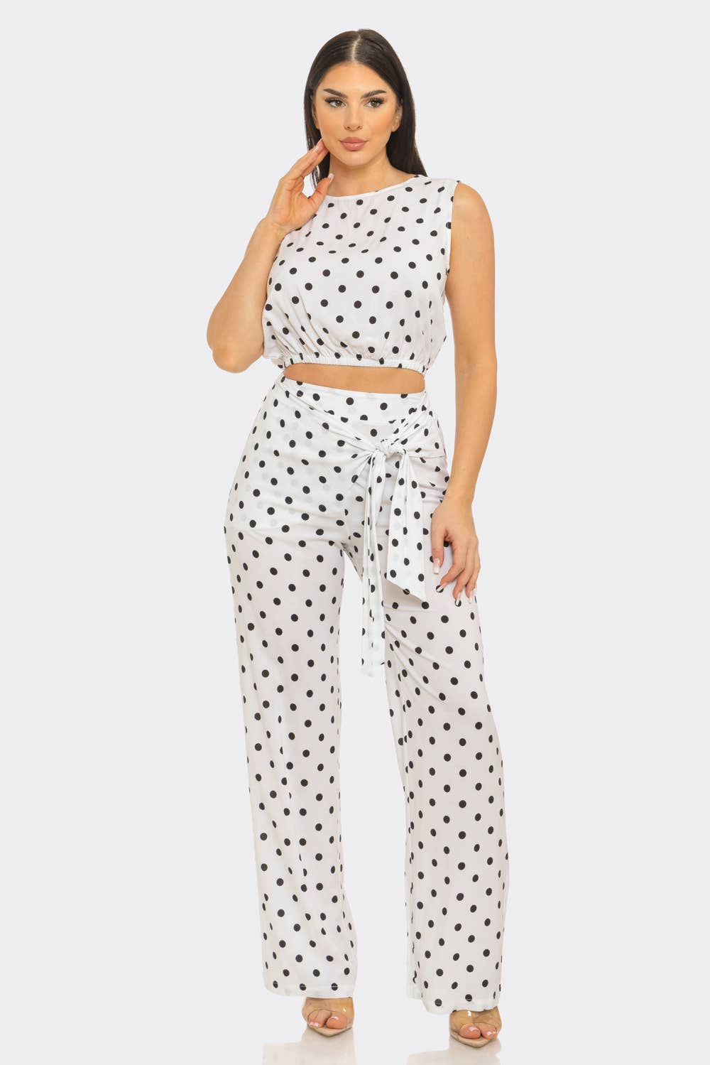 Polka Dots Elastic Shirring Trim Top And Pants Set