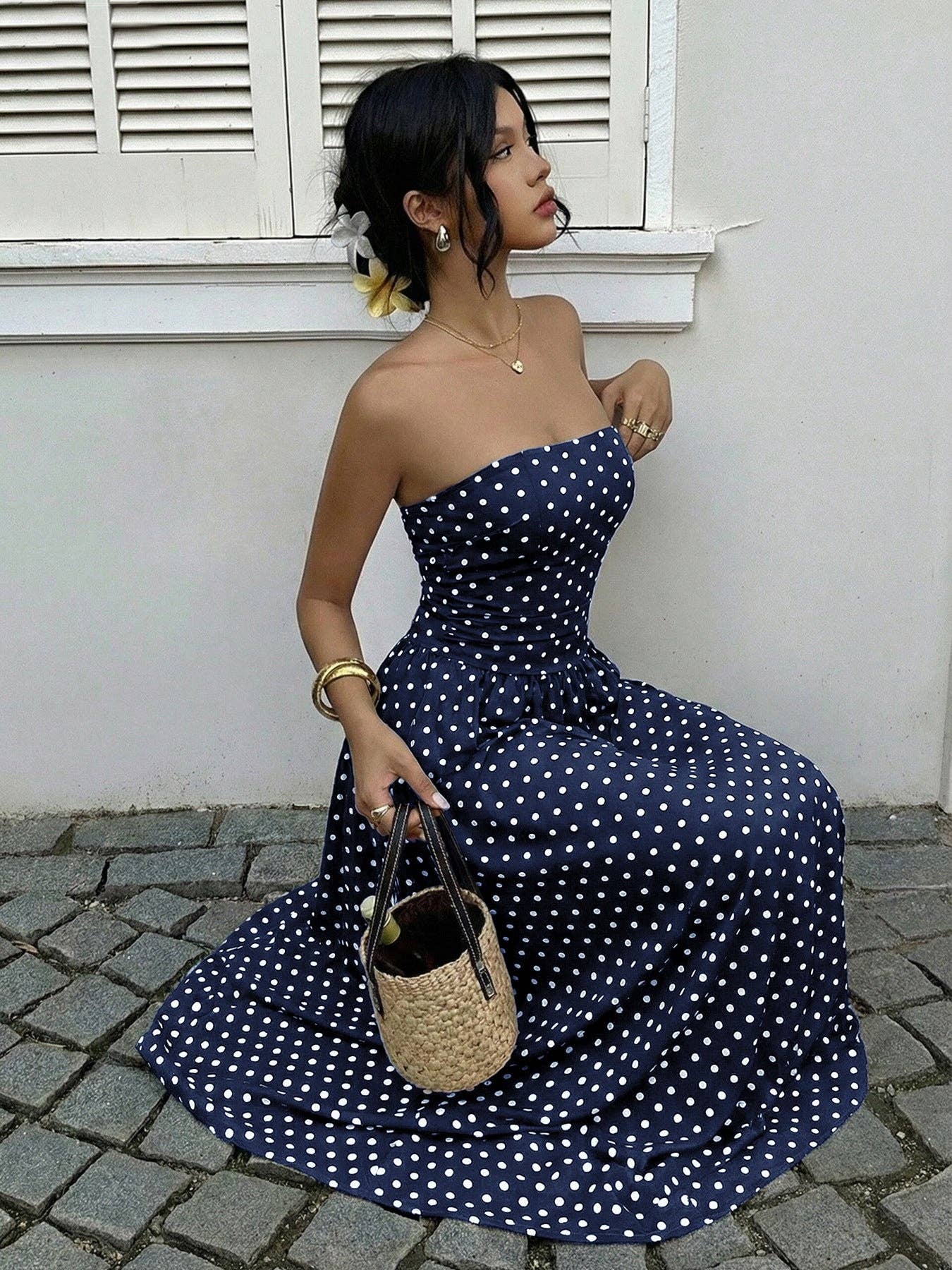 Loni Polka Dot Strapless Dress