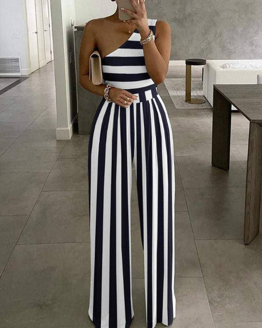 Stripe Me Down One Shoulder Jumpsuit