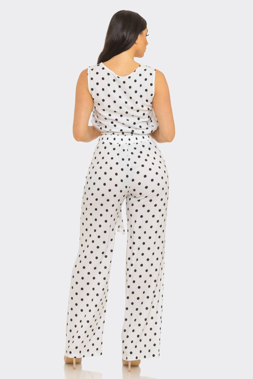 Polka Dots Elastic Shirring Trim Top And Pants Set