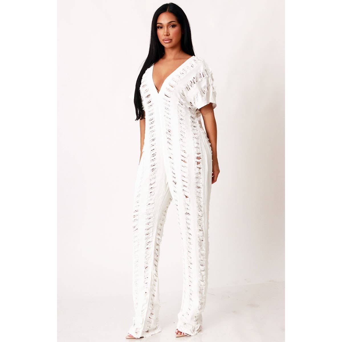 Ripped Baggy Denim V-Neck Jumpsuit
